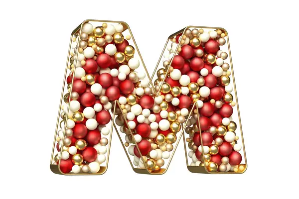 黄金の構造に浮かぶ赤 白のボールのクリスマスバブル3Dタイポグラフィ 冬のお祝いのコンセプトで美しい手紙M 高品質の3Dレンダリング — ストック写真