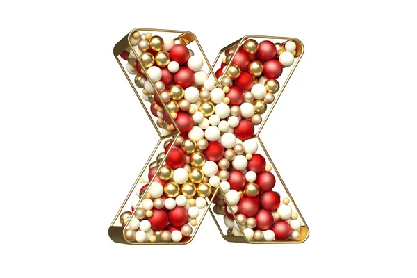 クリスマススタイルの手紙X フォントは金 白のボールが金の文字の形をした混合物で構成されています 高精細3Dレンダリング — ストック写真