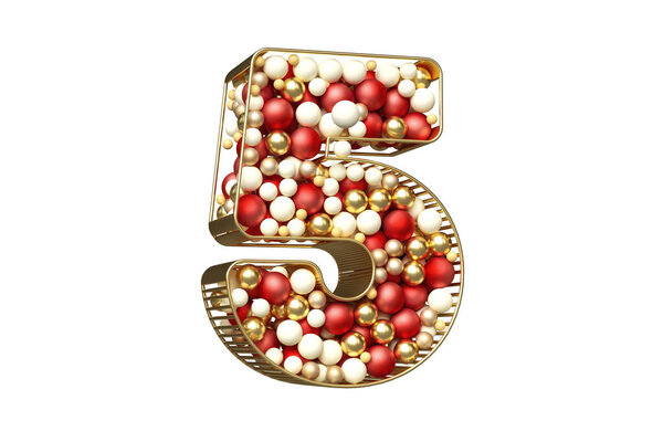 Christmas balls font. Nice number 5 formed by a mix of red, white and gold baubles floating in a golden tubular structure. High quality 3D rendering.