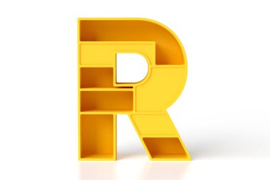 Geometrik R harfi sarı mat boyalı plastik raf ve depolama oyukları. Yüksek çözünürlüklü 3B görüntüleme.