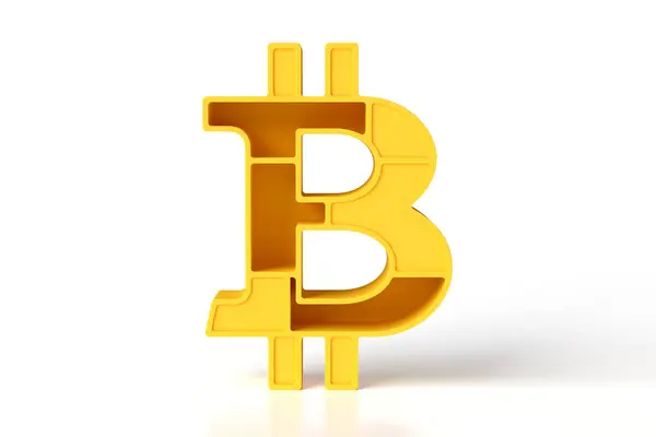 Bitcoin Zeichen Aus Gelb Matt Lackiertem Kunststoff Mit Regalen Und — Stockfoto
