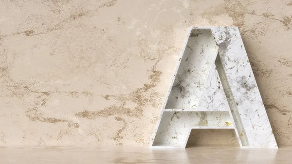 Shelf letter A made of white marble stone with golden textures on a beige marble background. Copy space to display objects or text. 3D rendering