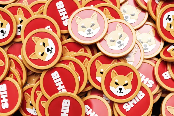 Shiba Inu şifreleme duvar kağıdı rastgele yerleştirilmiş birçok paradan yapılmıştır. Yüksek kalite 3B görüntüleme.