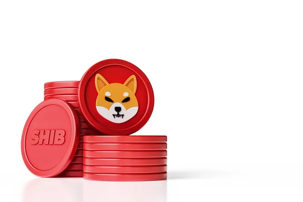 Shibaトークンコインを積み重ね 仮想通貨コンセプトのためのスペースをコピーします 赤と白のカラースキーム シバシンボルとチッカーアイコン 高品質の3Dレンダリング — ストック写真