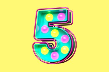1990 'ların stil tipografi rakamı 5 numara. Ampul afiş harfleri. Yüksek kalite 3B görüntüleme