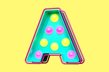 Renkli 90 'lar stili tipografi harfi A. Nostaljik ampul tabela harfleri. Yüksek kalite 3B görüntüleme