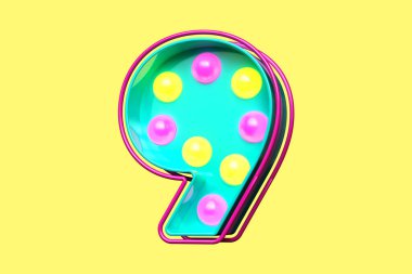 90 'ların tarzı 3 boyutlu yazı tipi 9 numara. Retro ampul tabela harfleri. Yüksek kalite 3B görüntüleme