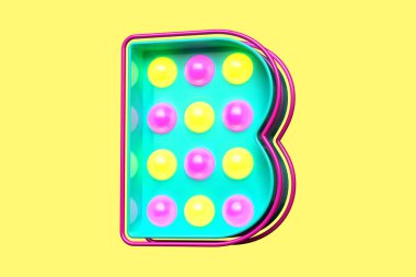 Renkli 80 'ler stili tipografi harfi B. Vintage ampul tabela harfleri. Yüksek kalite 3B görüntüleme