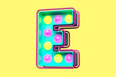 1990 'ların stil tipografi karakteri E. Ampul tabela harfleri. Yüksek kalite 3B görüntüleme
