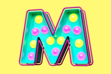 Ampul, lacivert tipografi harfi M, mavi ve sarı ışıklarla. Yüksek kalite 3B görüntüleme