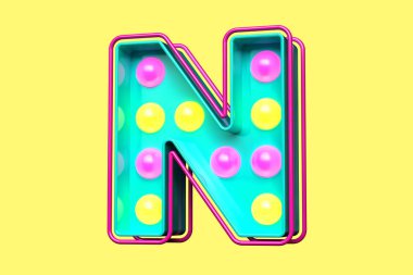Ampul afiş yazı tipi 3D harf N pembe ve sarı ışıklarla. Yüksek kalite 3B görüntüleme