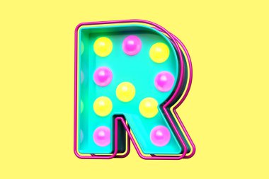 1980 'lerin stil tipografi karakteri R. Ampul afiş harfleri. Yüksek kalite 3B görüntüleme
