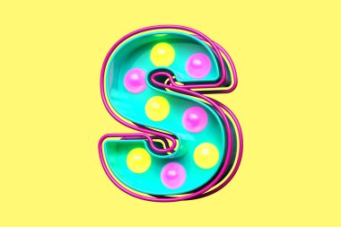 Renkli 90 'lar yazı tipi 3D harf S. Nostaljik ampul tabela harfleri. Yüksek kalite 3B görüntüleme