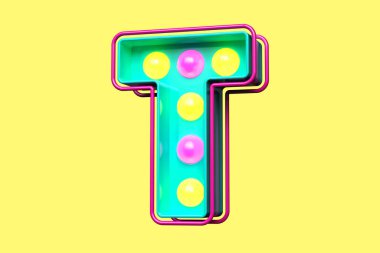 Renkli 80 'ler yazı tipi 3D harf T. Vintage ampul tabela harfleri. Yüksek kalite 3B görüntüleme