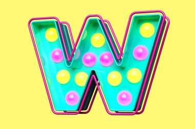 1990 'ların tarzı yazı tipi 3 boyutlu karakter W. Ampul tabela harfleri. Yüksek kalite 3B görüntüleme