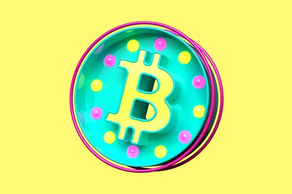 Renkli Ler Tarzı Boyutlu Bitcoin Btc Logosu Mavi Sarı Pembe — Stok fotoğraf