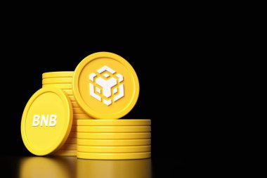 Bnb Chain Binance para yığınları ve logo ve kalbi gösteren jetonlar. Altcoin kripto para birimi kavramları için uygun illüstrasyon tasarımı. Yüksek kalite 3B görüntüleme