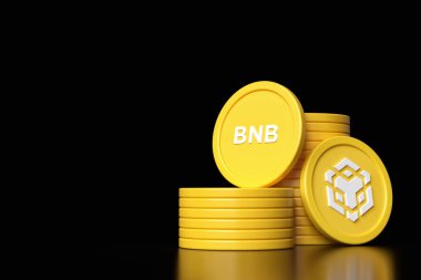 Logo ve kalbi gösteren Bnb Binance Smart Chain para desteleri ve jetonları. Şifreli para birimi ve altpara kavramlarına uygun illüstrasyon tasarımı. Yüksek kalite 3B görüntüleme.