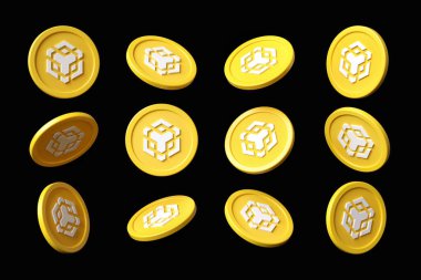 Bir dizi Bnb Smart Chain Binance kripto para birimi simgesi çoklu açılardan görülüyor. Dinamik paralarla kompozisyon oluşturmaya uygun. Yüksek çözünürlüklü 3B görüntüleme.