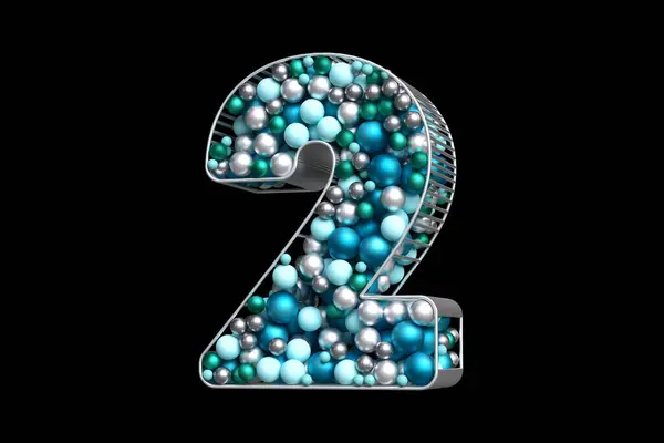 現代のクリエイティブなコンセプトで銀ナンバー2に浮かぶ銀 ブルー ティールボールのクリスマスバブルタイポグラフィ 高品質の3Dレンダリング — ストック写真