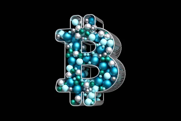 Bitcoin Btc Symbol Gefüllt Mit Blauen Silbernen Und Kristallenen Weihnachtskugeln — Stockfoto