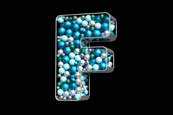 三维圣诞字母表 蓝球和龙珠浮成银字F形 高质量3D渲染 — 图库照片