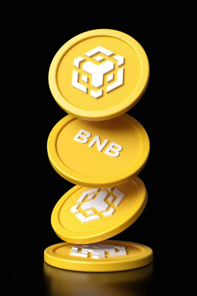 Binance Bnb blockchain cryptocurrency tokens in movement falling on a black surface. Design suitable for illustrating new technologies of altcoins. High resolution 3D rendering