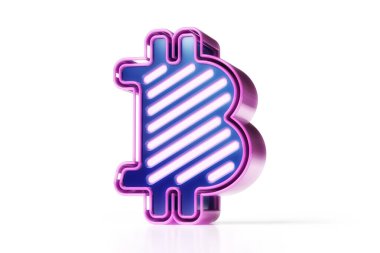 Mavi ve pembe neonlu bitcoin 3D logo. Yüksek kalite 3B görüntüleme.