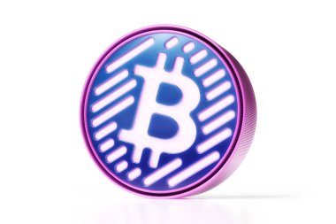 Bitcoin 3D simge siber punk stili mavi ve mor. Yüksek kalite 3B görüntüleme.