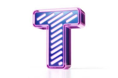 Kumarhane fontu. Parlak ve parlak T harfi mavi ve mor. Yüksek kalite 3B görüntüleme.