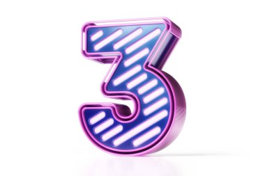 Cyberpunk yazı tipi. Pembe ve mavi arka planda 3 numara parlıyor. Yüksek kalite 3B görüntüleme.