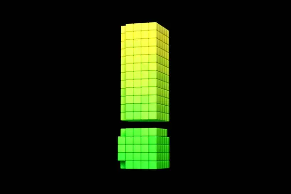 Pixel art style exclamation point in yellow and green. High definition 3D rendering 8-bit concept font.
