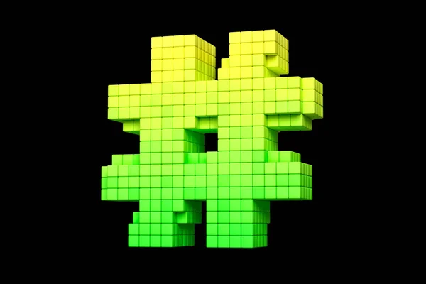 Pixel art style Hashtag symbol made of 3D cubes in yellow to green color scheme. High definition 3D rendering old school arcade concept font.