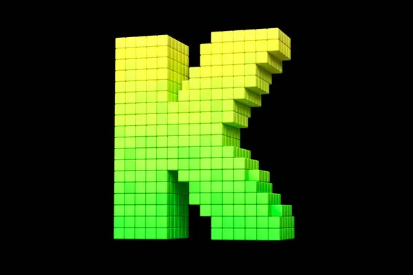Pixel art digital typography letter K in yellow to green color scheme. High quality 3D rendering.