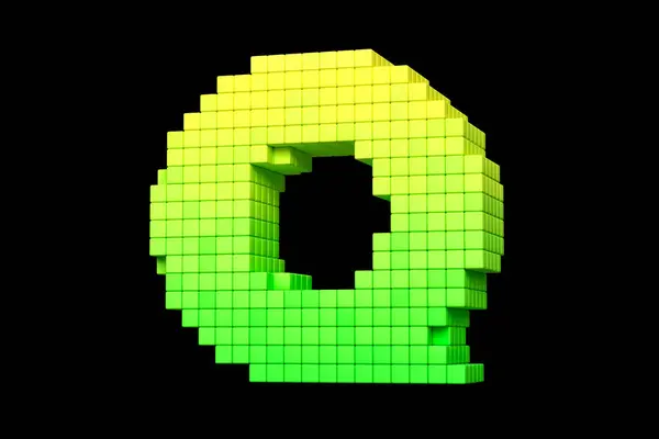 Arcade old school style pixels design font letter Q in yellow to green color scheme. High quality 3D rendering.