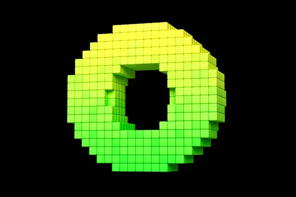 16-bit font pixel art style letter O in yellow and green. High definition 3D rendering.