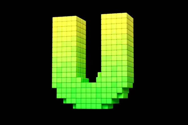 Pixel art digital font letter U in yellow to green color scheme. High quality 3D rendering.