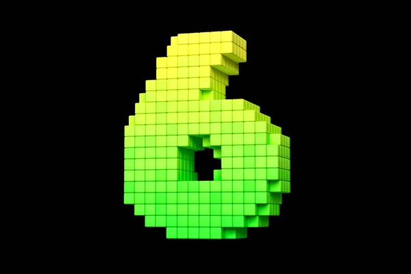 Retro font pixel art style digit number 6 in yellow and green. High quality 3D rendering.