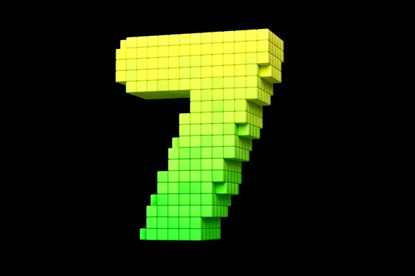 8-bit font pixel art style digit number 7 in green and yellow tones. High definition 3D rendering.