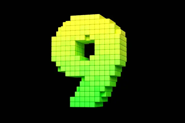 Pixel art style typography digit number 9 in green to yellow color scheme. Pixel art a 3D rendering.