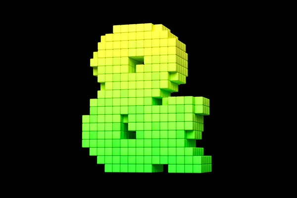 Ampersand sign pixel art style in yellow and green colors stylized like in 8-bit games. High quality 3D rendering.