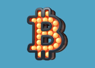 Bitcoin logosu şeklinde mavi ve turuncu ampul işareti. Yüksek kalite 3B görüntüleme.