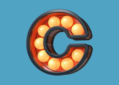 Modern font harfi C Ampul alfabesi koyu mavi ve turuncu ışık. Yüksek kalite 3B görüntüleme.