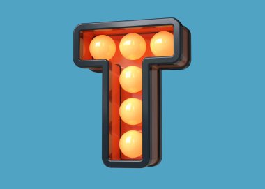 Dekoratif uçlu noktalar yazı tipi 3 boyutlu T. Vintage açık afiş harfleri koyu mavi ve sıcak turuncu ışık. Yüksek kalite 3B görüntüleme.