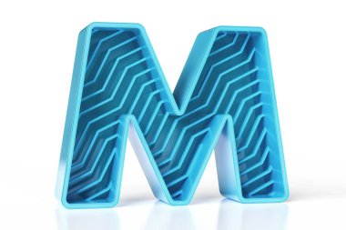 Teknoloji ve oyun alanları için modern bir konsept içinde markalaştırma projeleri için tasarlanan yansıtıcı 3D harf M. Mavi ve deniz mavisi boyut parlak harfler koleksiyonu. Yüksek çözünürlüklü 3B görüntüleme.