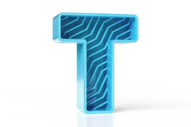 3 boyutlu parlak T harfi, zikzak çizgili desenli. Teknoloji stili tipografi koleksiyonu. Yüksek çözünürlüklü 3B görüntüleme.