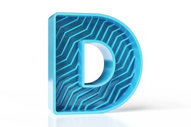 D harfi, zikzak çizgili dizayn edilmiş. Parlak mavi ve deniz mavisi renkleri modern tasarım sporları ve oyun konsepti için harika bir yazı karakteri. Yüksek çözünürlüklü 3B görüntüleme.