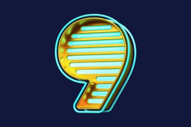 Parlak 9 numara metalik altın ve parlak mavi. Renkli üç boyutlu neon yazı tipi. Yüksek kalite 3B görüntüleme