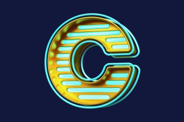 Neon 3D alfabe harfi C, altın ve mavi, yatay ışık şeritli. Yüksek kalite 3B görüntüleme