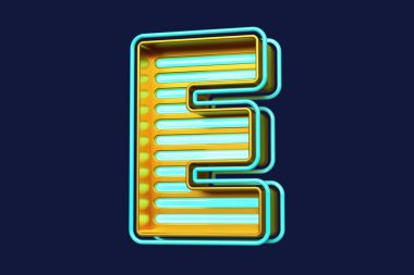 Üzerinde altın ve mavi E harfi şeklinde parlak şeritler olan metal bir kutu. Çekici renkli neon yazı tipi. Yüksek kalite 3B görüntüleme